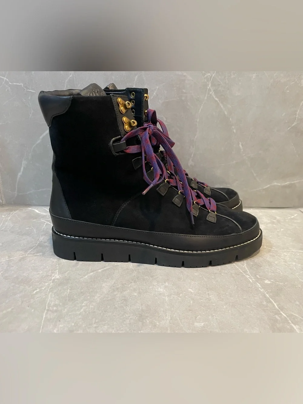 J. Crew Elsa Black Women's Lace-Up Boots with Purple Accent Laces Size 8